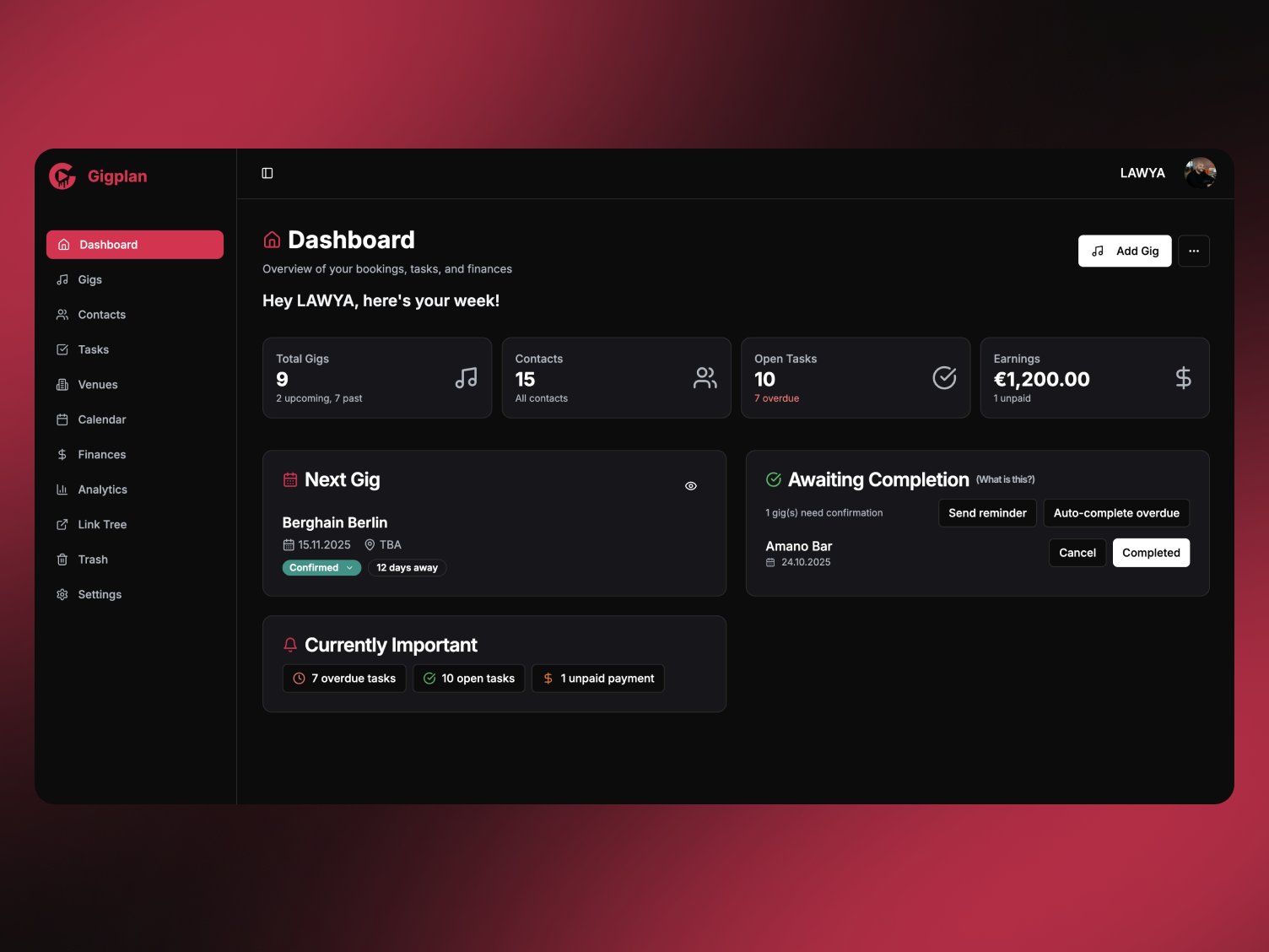 Gigplan dashboard